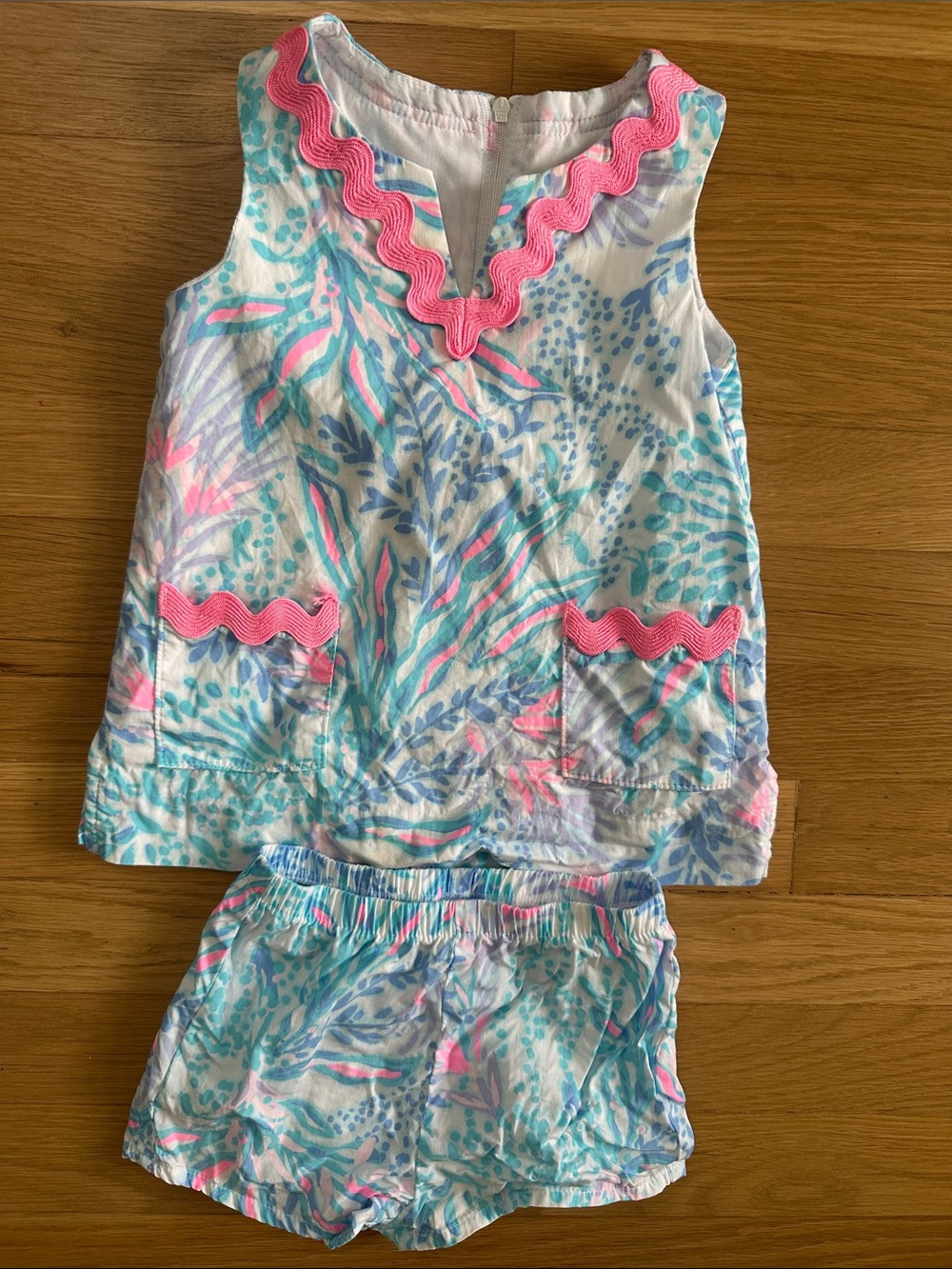 Lilly Pulitzer Girls Coral Pink & Aqua Tropical Print Dress and Shorts Set